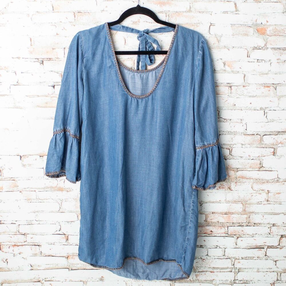 Anthropologie Cloth & Stone Small Tencel Chambray Dress Blue Bell Sleeve Tie Bk